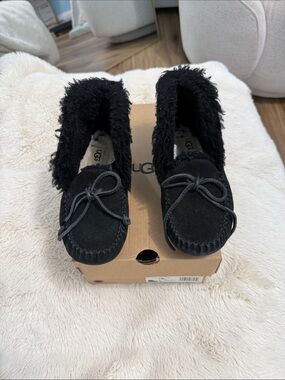 UGG Kids Black Suede Moccasin Slippers with Bow Accent